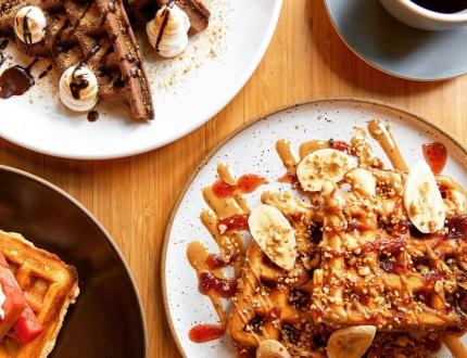 waffles at brunch with a cup of coffee