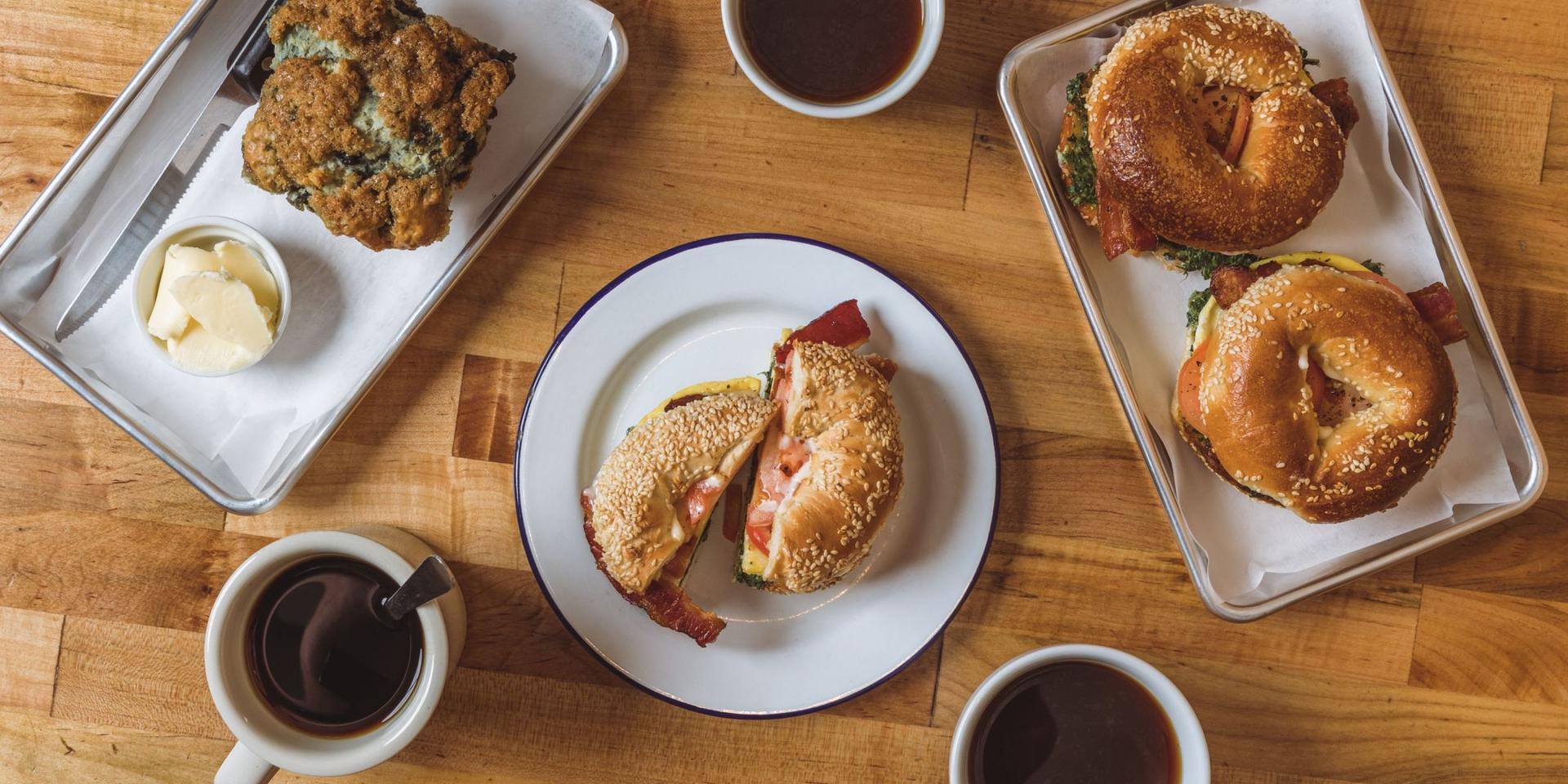 Fernwood Coffee breakfast spread with bagel breakfast sandwiches, muffins, and cups of joe Fernwood Coffee breakfast spread with bagel breakfast sandwiches, muffins, and cups of joe