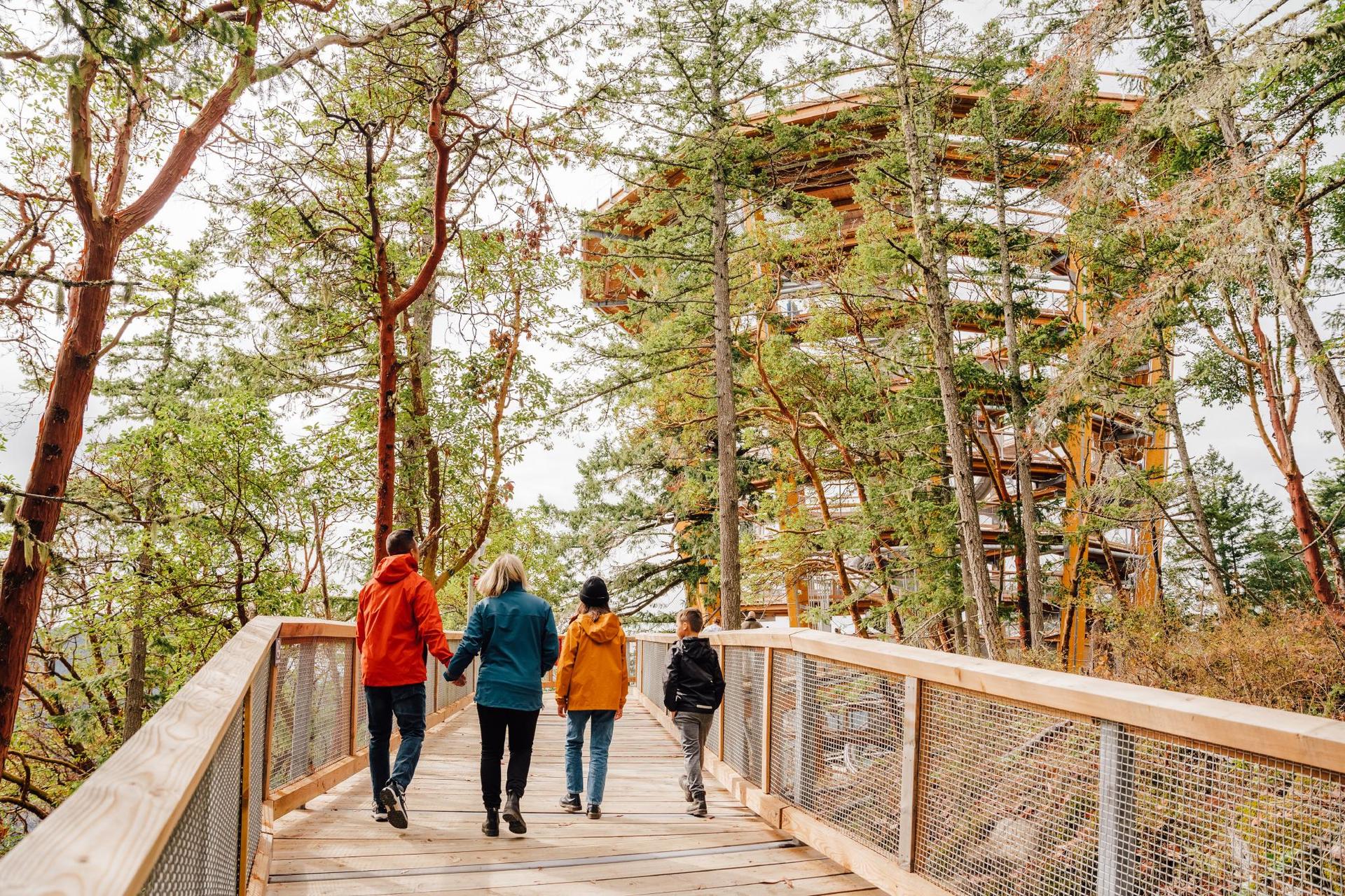 A family walks towards the spiral tower of the Malahat SkyWalk A family walks towards the spiral tower of the Malahat SkyWalk